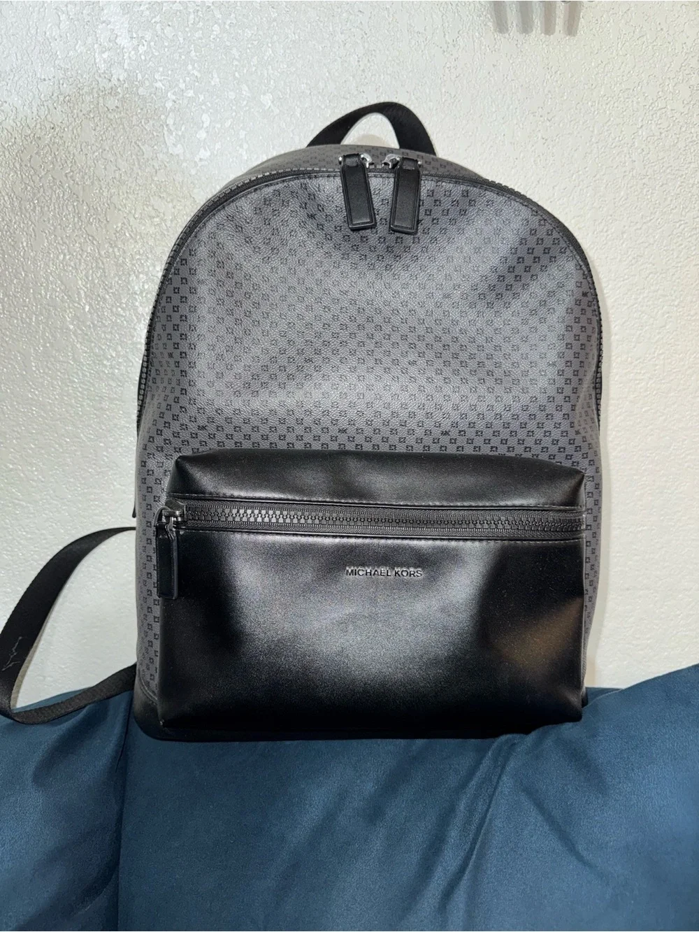 Michael Kors Gray Monogram Backpack with Black Leather Front Pocket